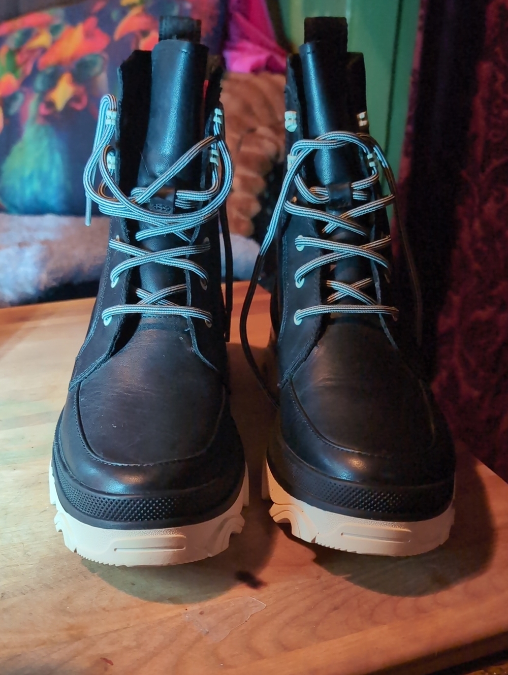 Sorel Black Lace-Up Platform Ankle Boots with White Sole